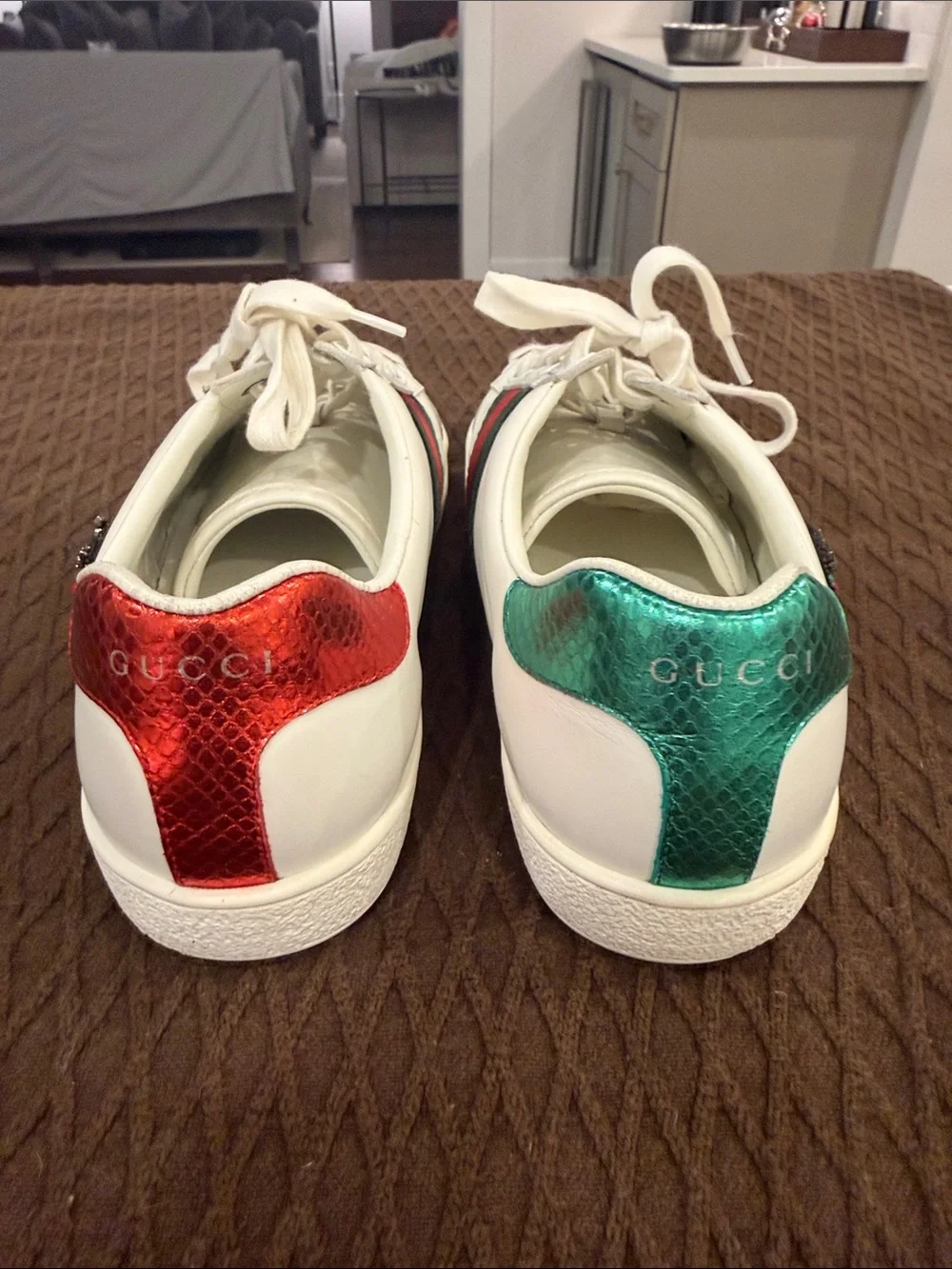 Gucci Leather Sneakers w:Green and Red Stripes and embroidered sequin arrow